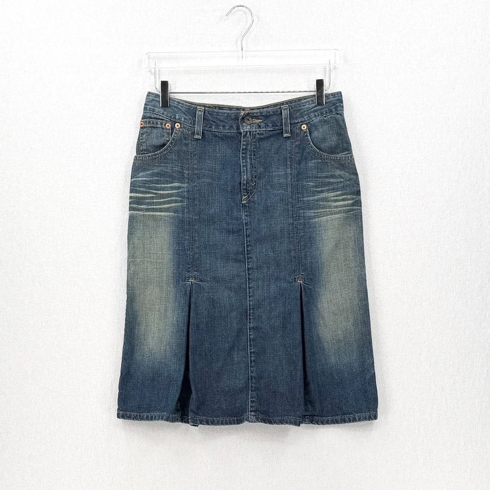 LEVIS Vintage Y2K Denim Skirt Women 28 Blue Pleated Midi Distressed USA Made - Picture 2 of 14